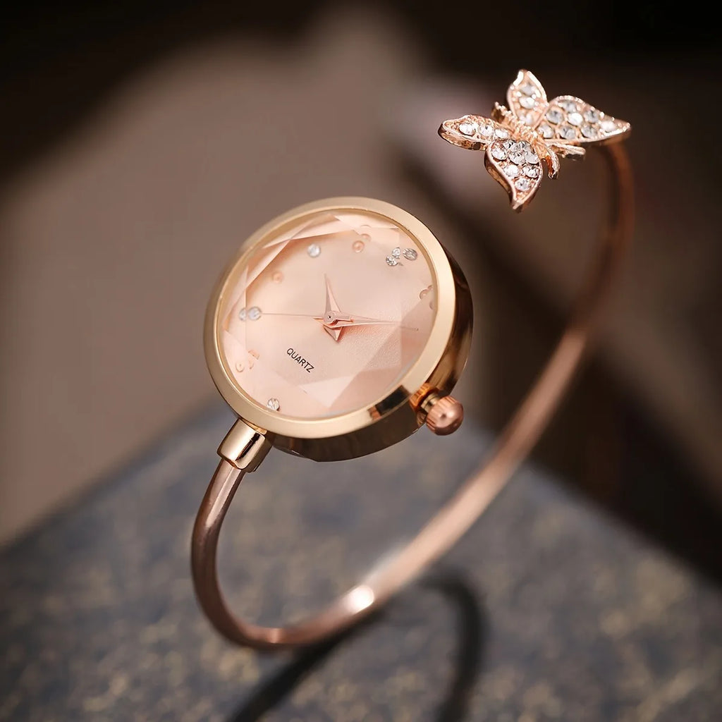 6pc Elegant Opening-cuff Bangle Women Watch Jewelry Set Fashion Rhinestone Ladies Quartz Wristwatch Relogio Feminino（Without Box