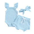 2023-04-12 Lioraitiin 0-18M Toddler Girls 3Pcs Summer Clothes Fly Sleeve Solid Romper Tops Drawstring Short Pants Headband