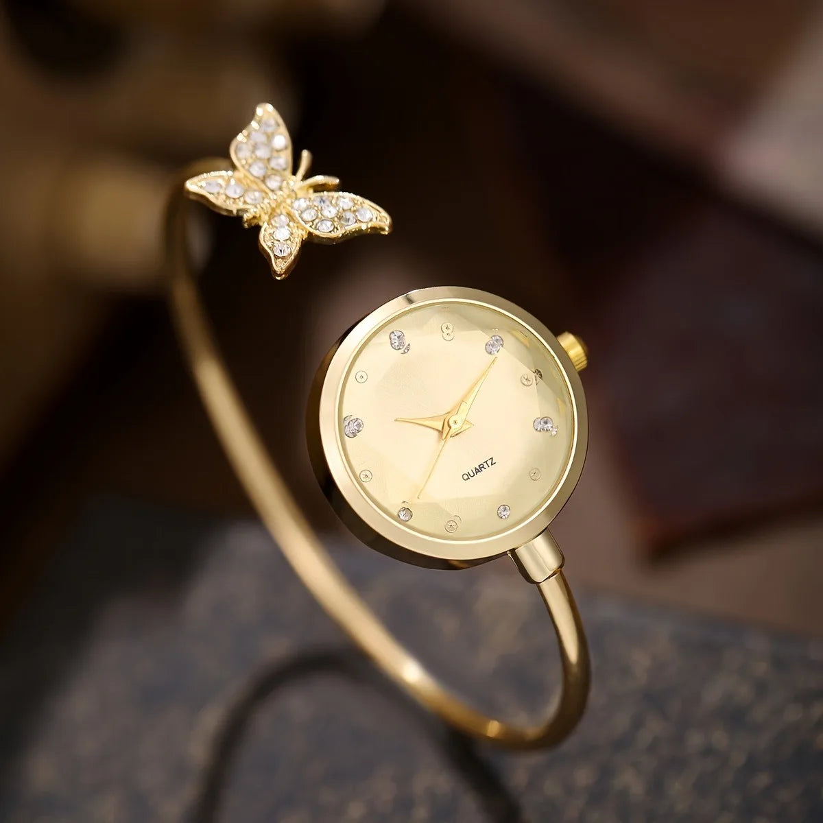 6pc Elegant Opening-cuff Bangle Women Watch Jewelry Set Fashion Rhinestone Ladies Quartz Wristwatch Relogio Feminino（Without Box