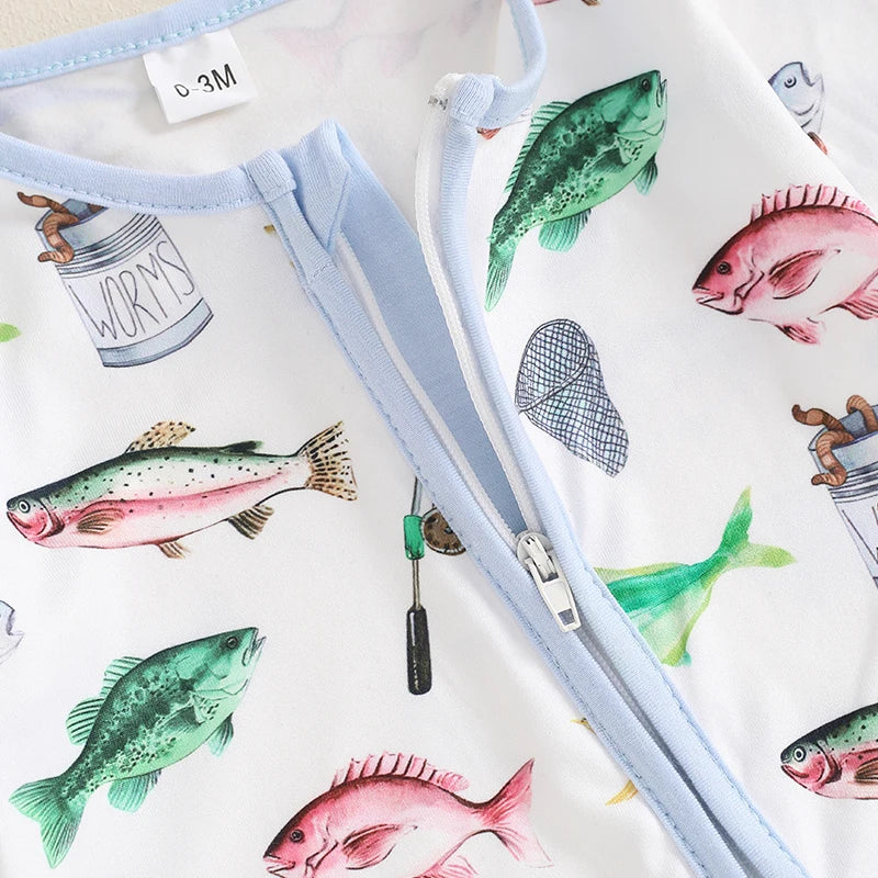 2024-05-31 Lioraitiin Baby Boys Autumn Casual Romper Long Sleeve Crew Neck Fish Print Oblique Zipper Jumpsuit