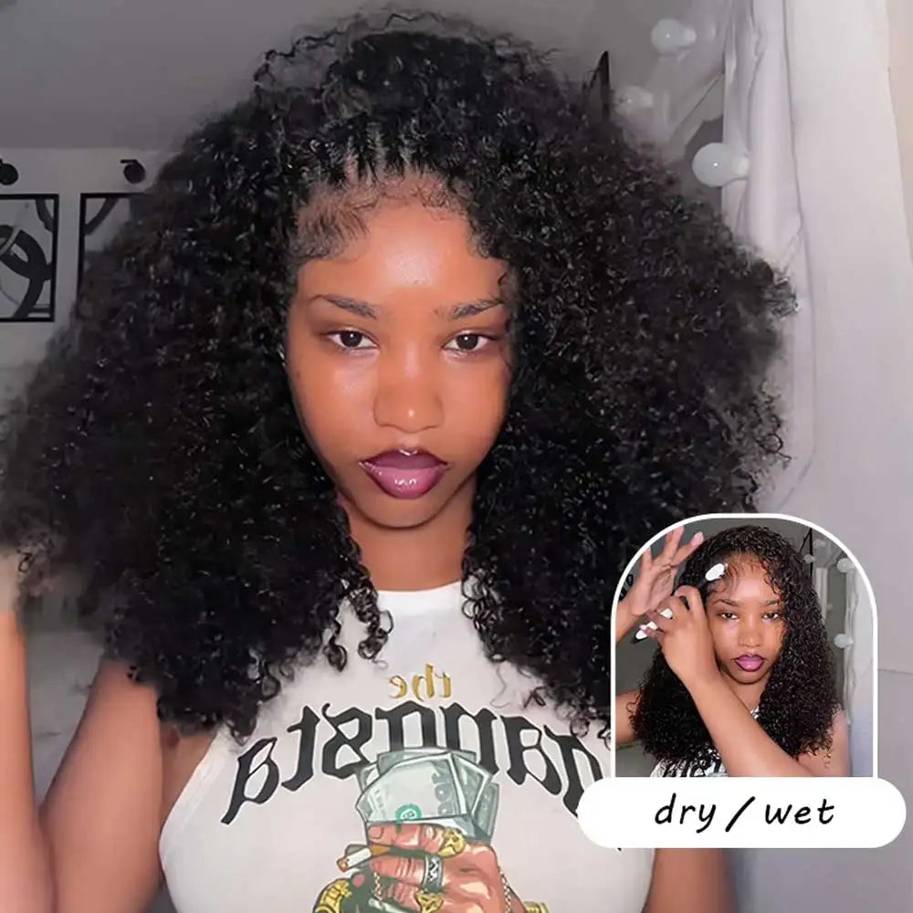 Jerry Curly Half Wig Human Hair Seamless Kinky Curly 3 In 1 Half Wig  Machine Heandband Clip In Wig No Sew In Black Color
