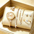 6pc Elegant Opening-cuff Bangle Women Watch Jewelry Set Fashion Rhinestone Ladies Quartz Wristwatch Relogio Feminino（Without Box