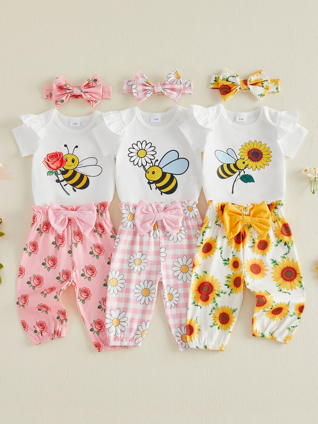 Adorable Baby Girl Sunflower Print Romper with Matching Shorts and Headband 3-Piece Set for Summer Fashion