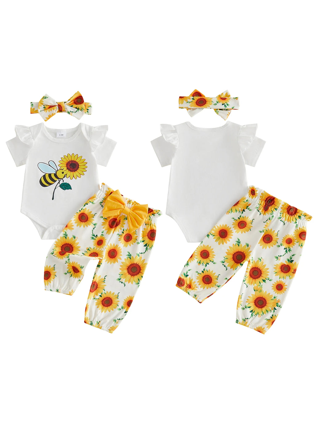 Adorable Baby Girl Sunflower Print Romper with Matching Shorts and Headband 3-Piece Set for Summer Fashion