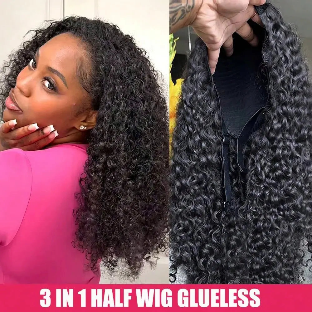Jerry Curly Half Wig Human Hair Seamless Kinky Curly 3 In 1 Half Wig  Machine Heandband Clip In Wig No Sew In Black Color