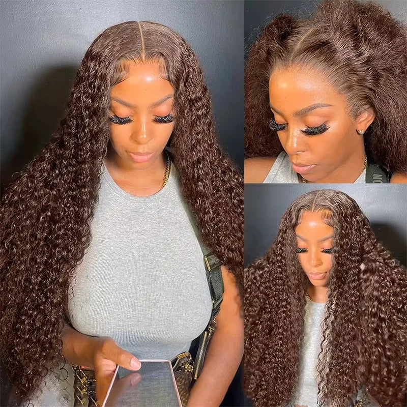 Chocolate Brown Colored 220% Density 36 Inch Chocolate Brown 13x6 13x4 HD Transparent Lace Front Wigs Human Hair Curly Deep Wave Brazilian Transparent Lace Frontal Wig For Women Human Hair #4 Colored Wigs Pre-Plucked Prebleac
