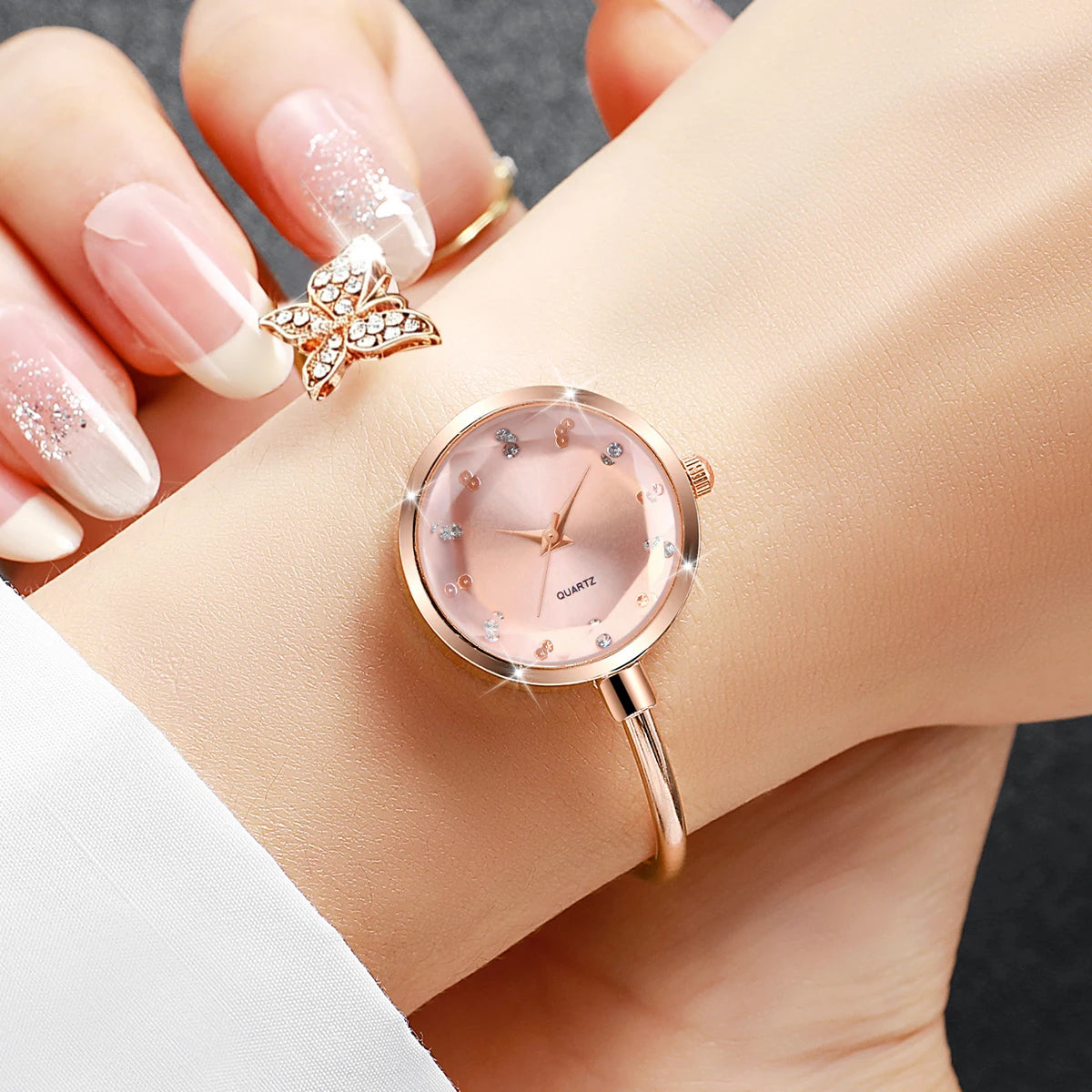 6pc Elegant Opening-cuff Bangle Women Watch Jewelry Set Fashion Rhinestone Ladies Quartz Wristwatch Relogio Feminino（Without Box