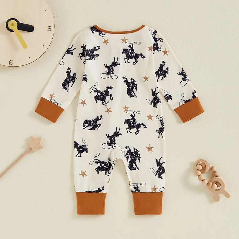 Toddler Baby Boy Zipper Romper Casual Western Cowboy Print Long Sleeve Jumpsuit Infant Fall Outfit